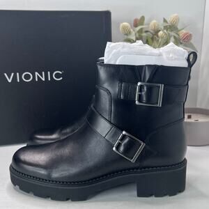 Vionic Folsom Leather Ankle Boots Buckles Side Zip Black Women's 10 Tried On